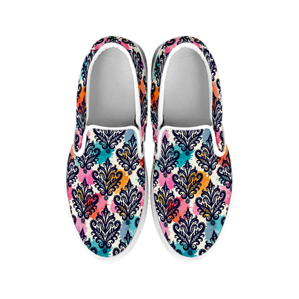 Colorful Damask Pattern Print White Slip On Shoes