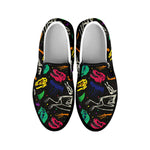 Colorful Dinosaur Fossil Pattern Print Black Slip On Shoes
