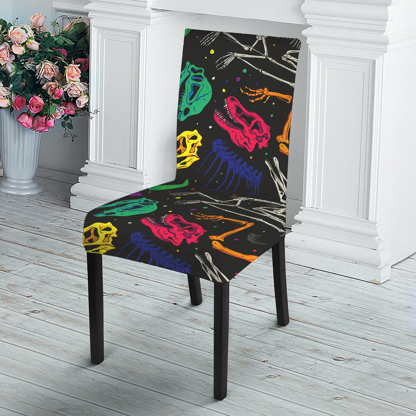 Colorful Dinosaur Fossil Pattern Print Dining Chair Slipcover