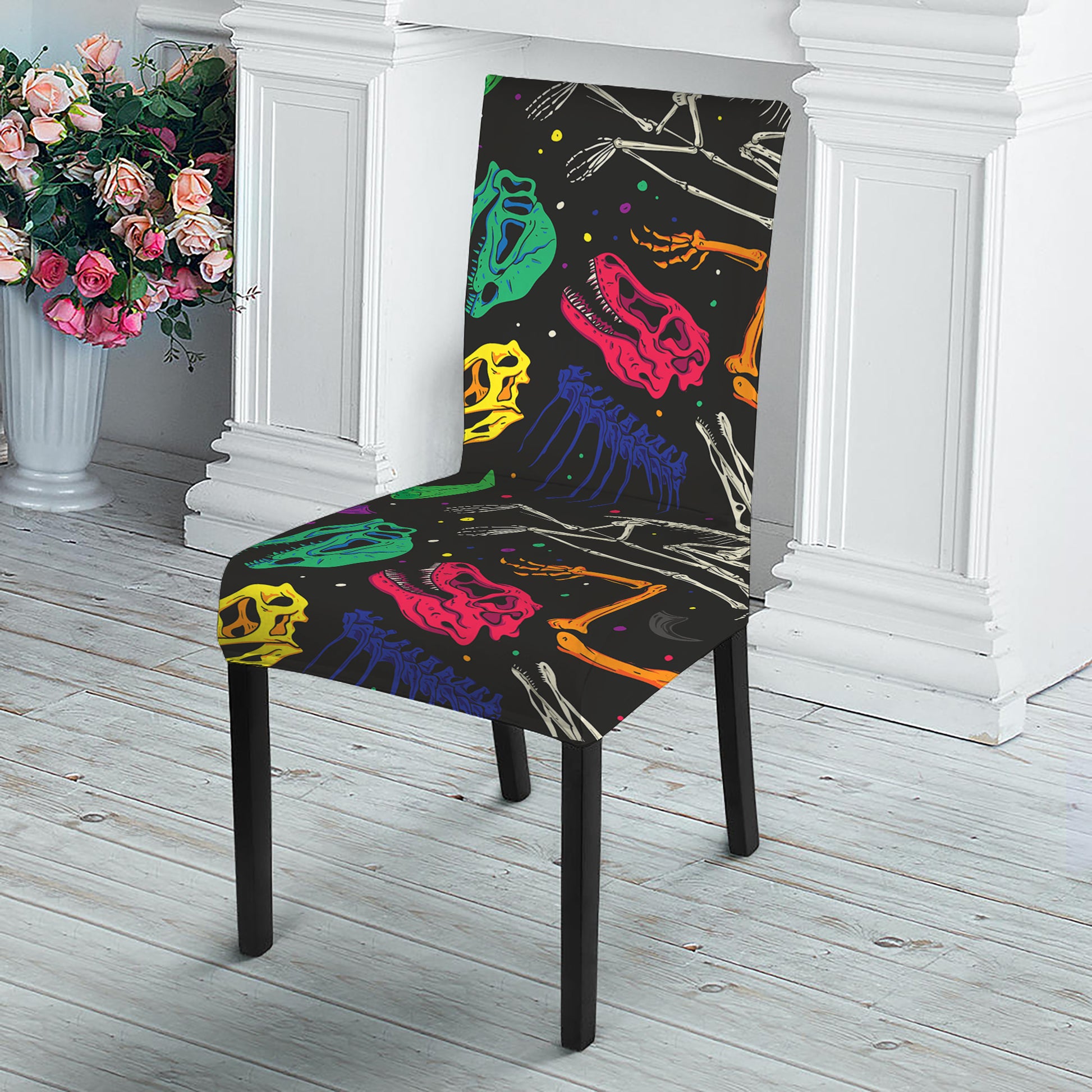 Colorful Dinosaur Fossil Pattern Print Dining Chair Slipcover