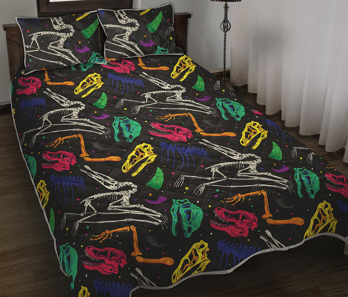 Colorful Dinosaur Fossil Pattern Print Quilt Bed Set