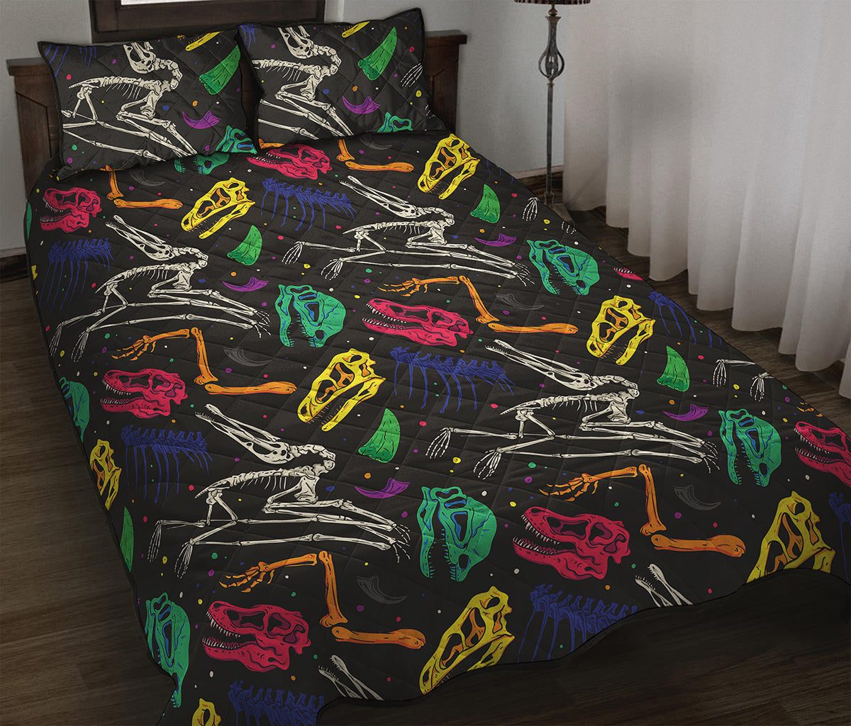 Colorful Dinosaur Fossil Pattern Print Quilt Bed Set