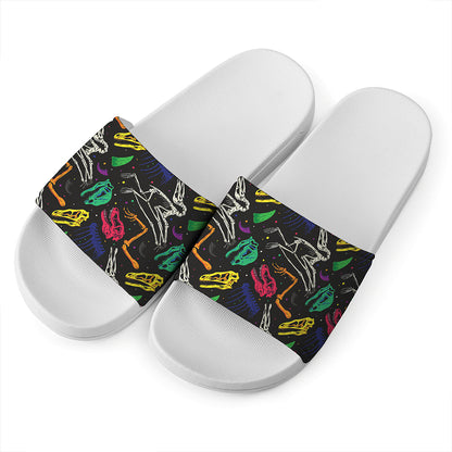 Colorful Dinosaur Fossil Pattern Print White Slide Sandals