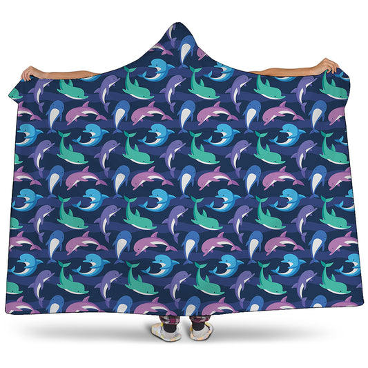 Colorful Dolphin Pattern Print Hooded Blanket