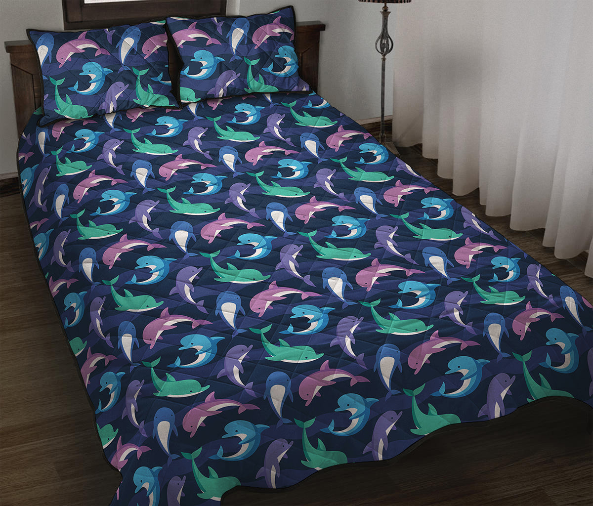 Colorful Dolphin Pattern Print Quilt Bed Set