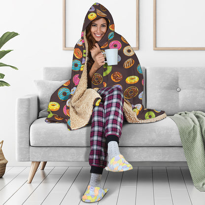 Colorful Donut Pattern Print Hooded Blanket