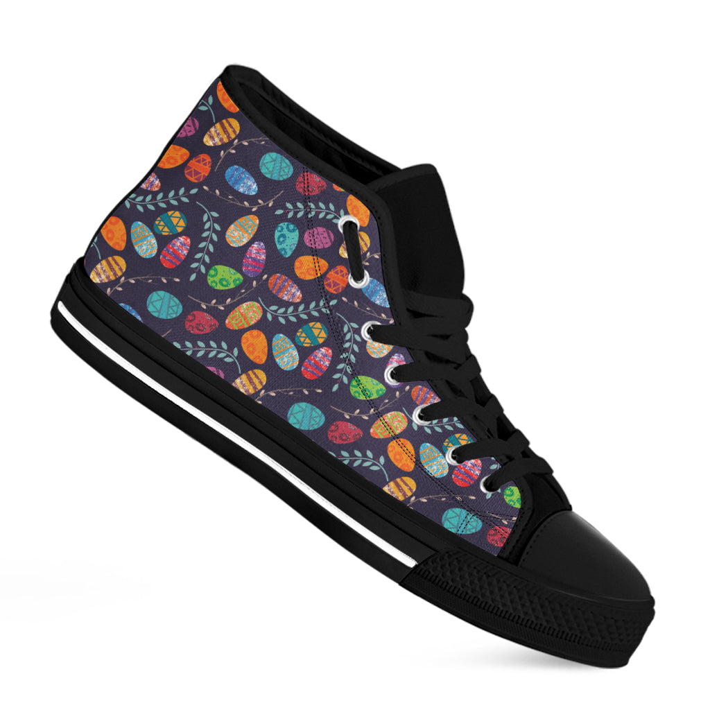 Colorful Easter Eggs Pattern Print Black High Top Shoes