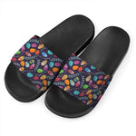 Colorful Easter Eggs Pattern Print Black Slide Sandals