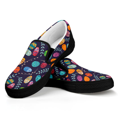 Colorful Easter Eggs Pattern Print Black Slip On Shoes