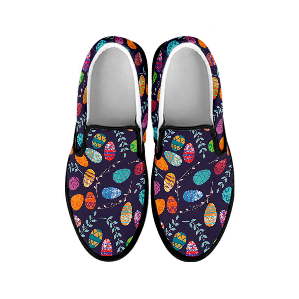 Colorful Easter Eggs Pattern Print Black Slip On Shoes