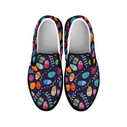Colorful Easter Eggs Pattern Print Black Slip On Shoes