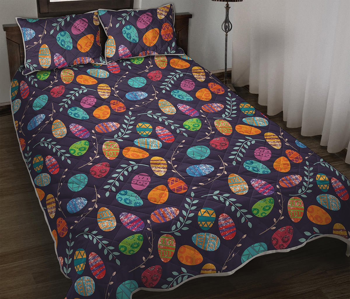 Colorful Easter Eggs Pattern Print Quilt Bed Set