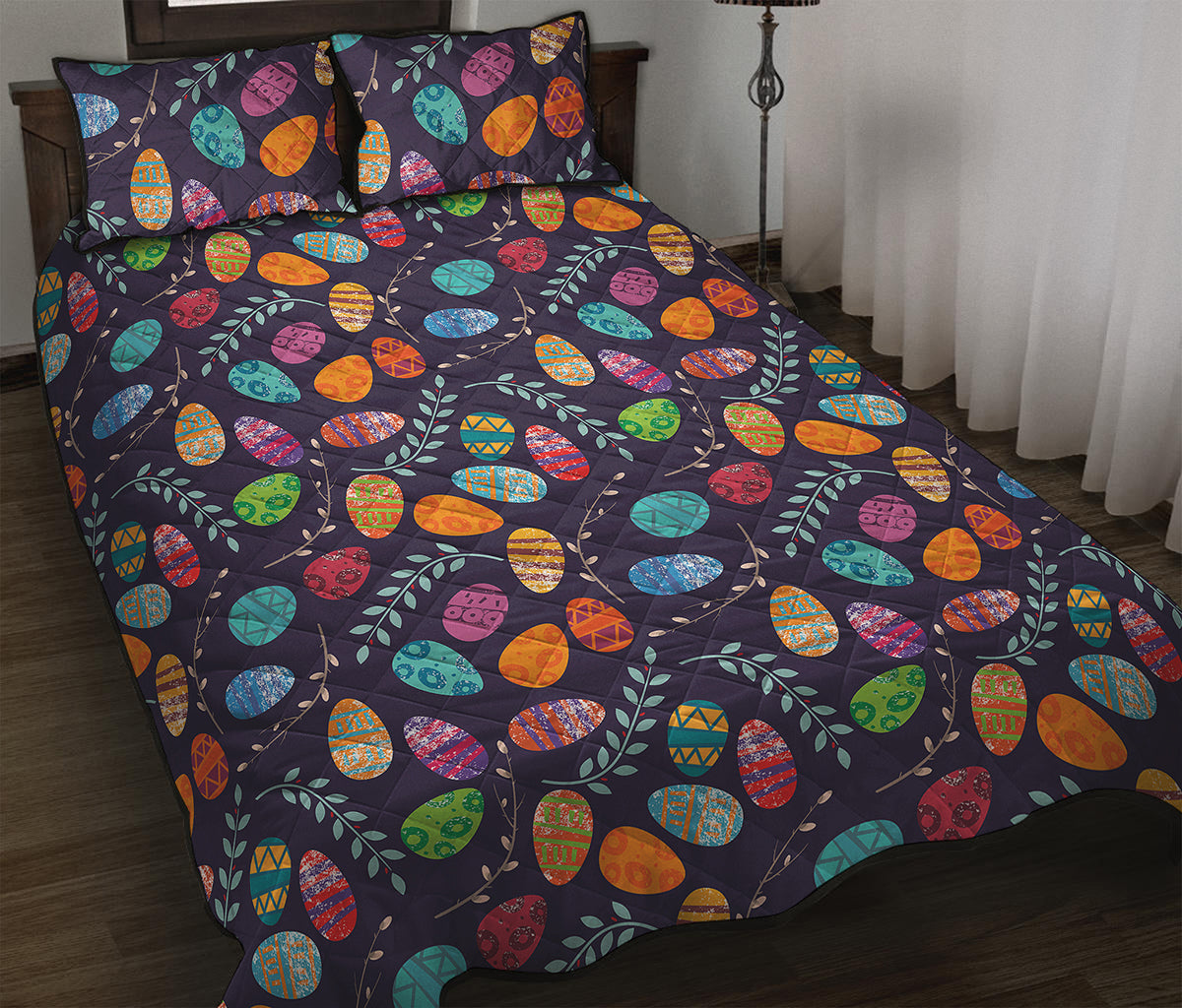 Colorful Easter Eggs Pattern Print Quilt Bed Set