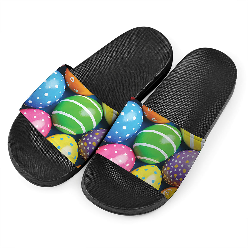 Colorful Easter Eggs Print Black Slide Sandals