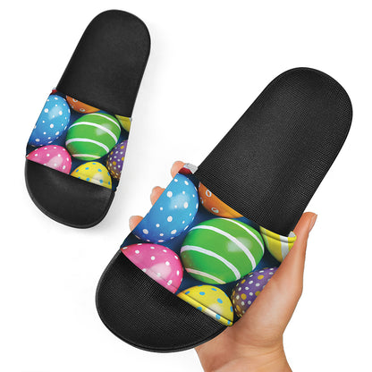 Colorful Easter Eggs Print Black Slide Sandals