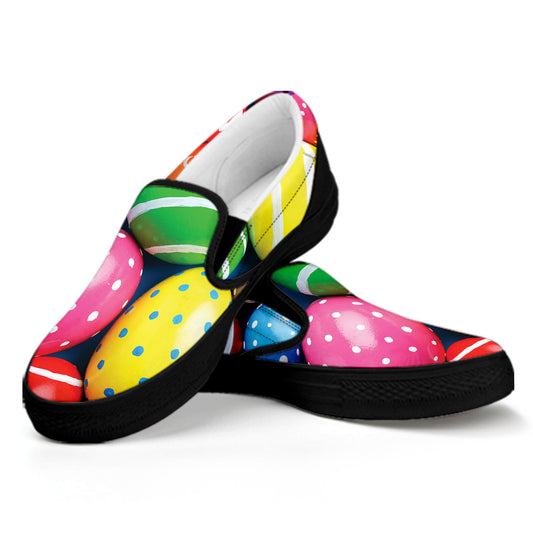 Colorful Easter Eggs Print Black Slip On Shoes