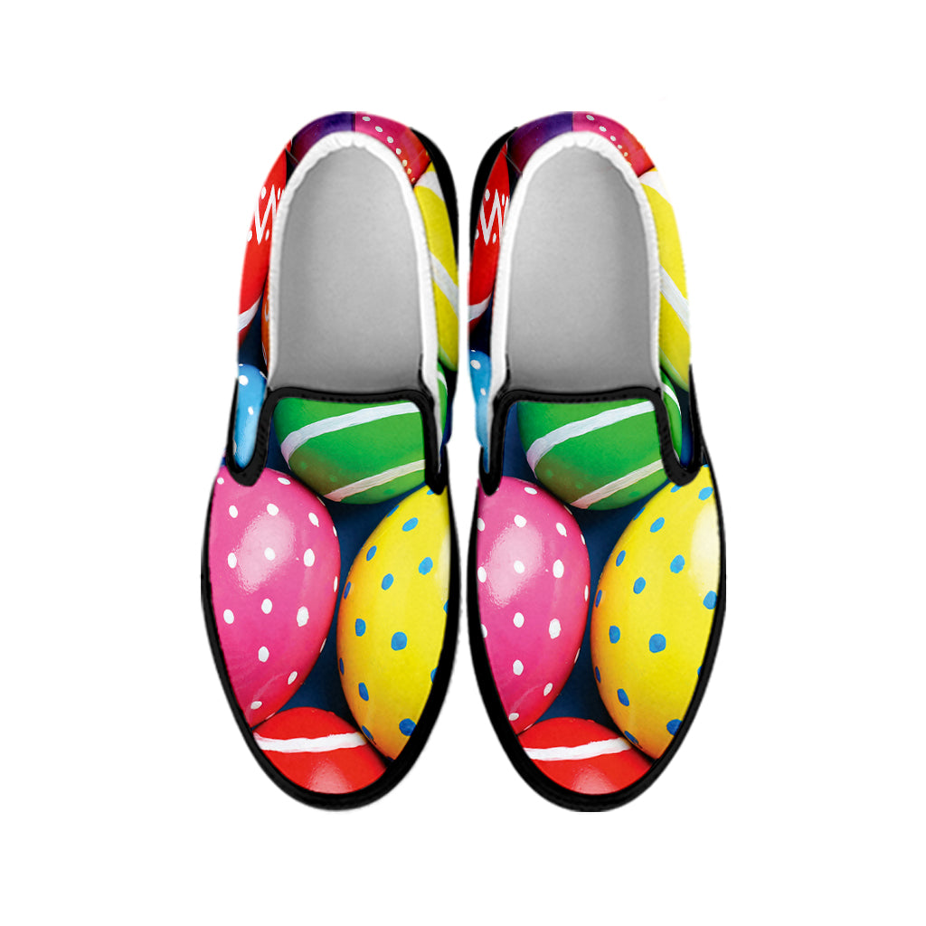 Colorful Easter Eggs Print Black Slip On Shoes