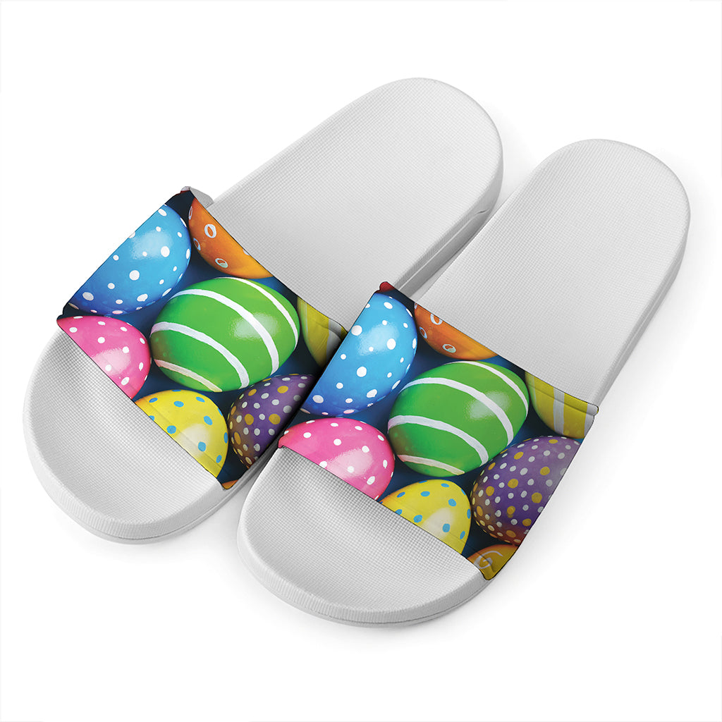 Colorful Easter Eggs Print White Slide Sandals
