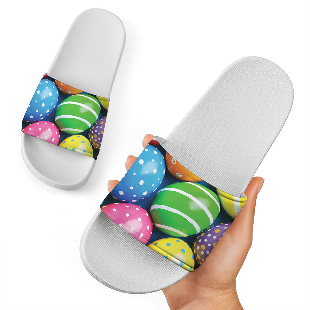 Colorful Easter Eggs Print White Slide Sandals