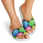 Colorful Easter Eggs Print White Slide Sandals