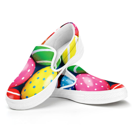 Colorful Easter Eggs Print White Slip On Shoes