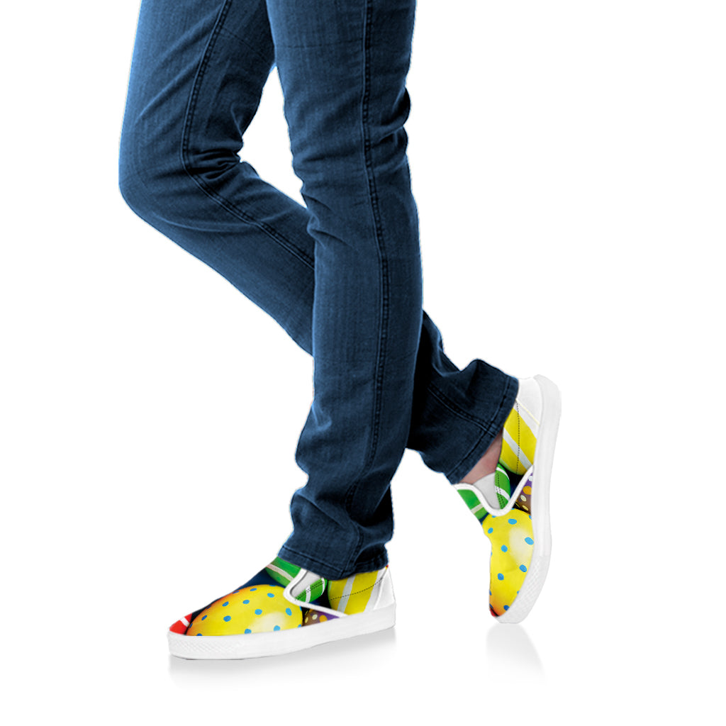 Colorful Easter Eggs Print White Slip On Shoes