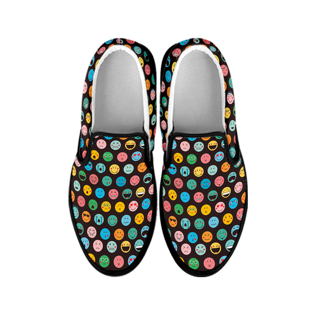 Colorful Emoji Faces Pattern Print Black Slip On Shoes