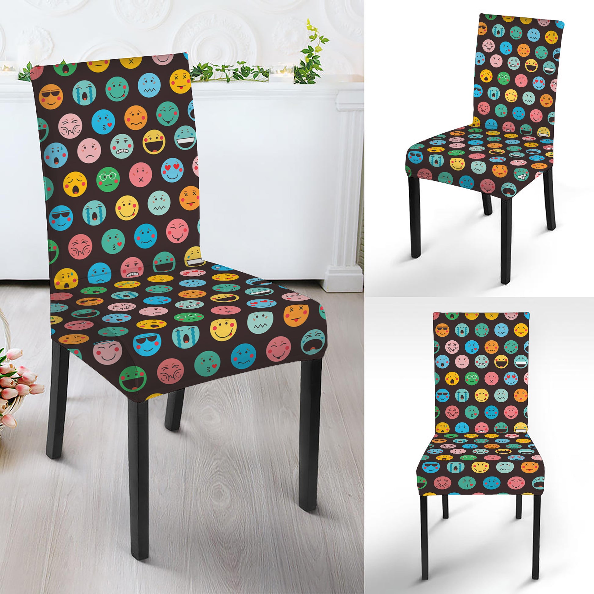 Colorful Emoji Faces Pattern Print Dining Chair Slipcover