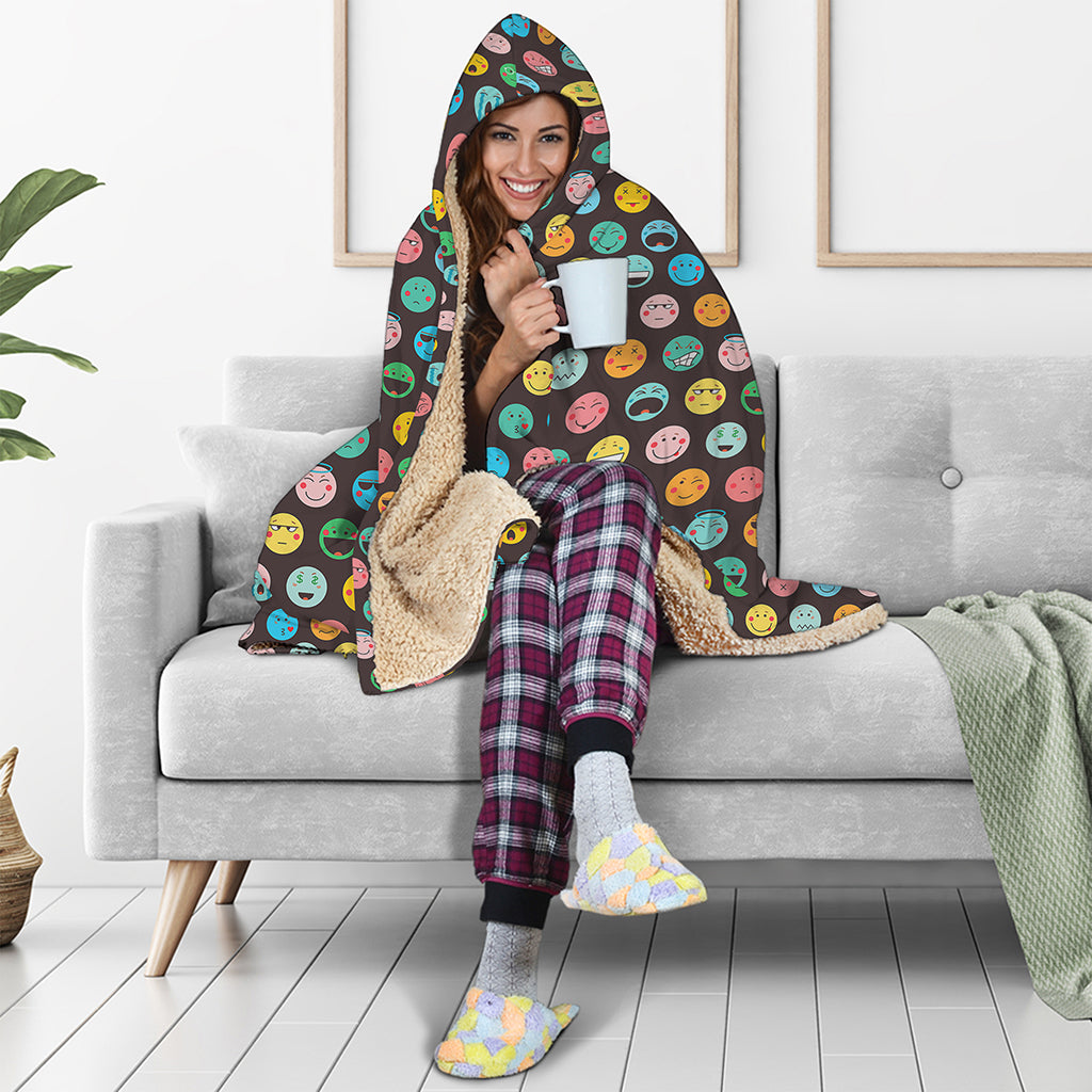 Colorful Emoji Faces Pattern Print Hooded Blanket