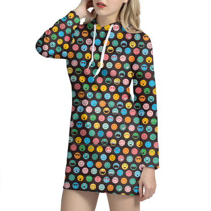 Colorful Emoji Faces Pattern Print Hoodie Dress