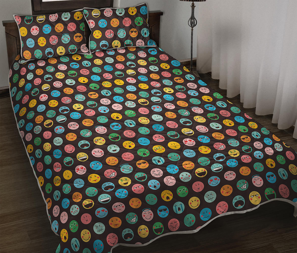 Colorful Emoji Faces Pattern Print Quilt Bed Set
