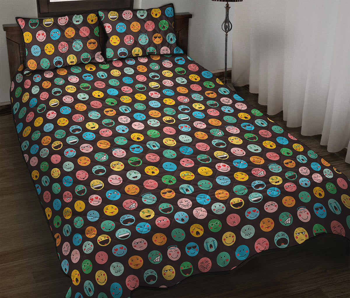 Colorful Emoji Faces Pattern Print Quilt Bed Set