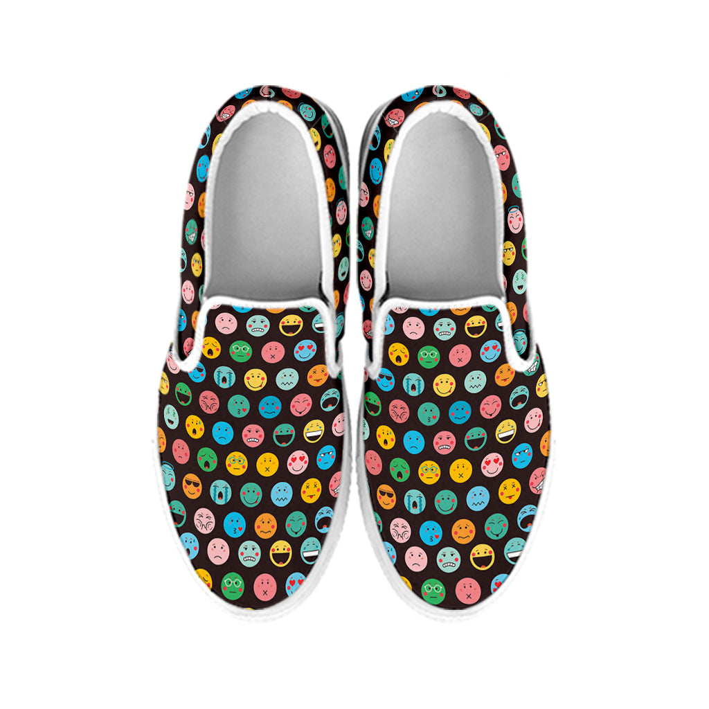 Colorful Emoji Faces Pattern Print White Slip On Shoes