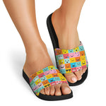 Colorful Emoji Pattern Print Black Slide Sandals
