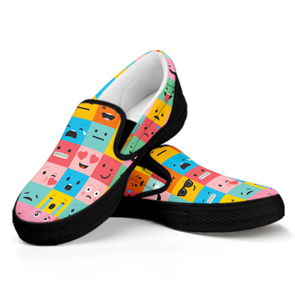 Colorful Emoji Pattern Print Black Slip On Shoes