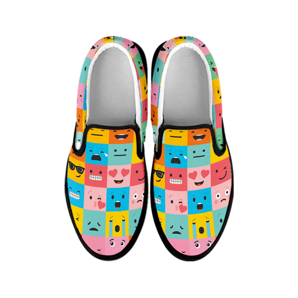 Colorful Emoji Pattern Print Black Slip On Shoes