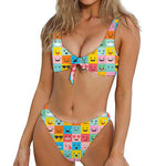 Colorful Emoji Pattern Print Front Bow Tie Bikini