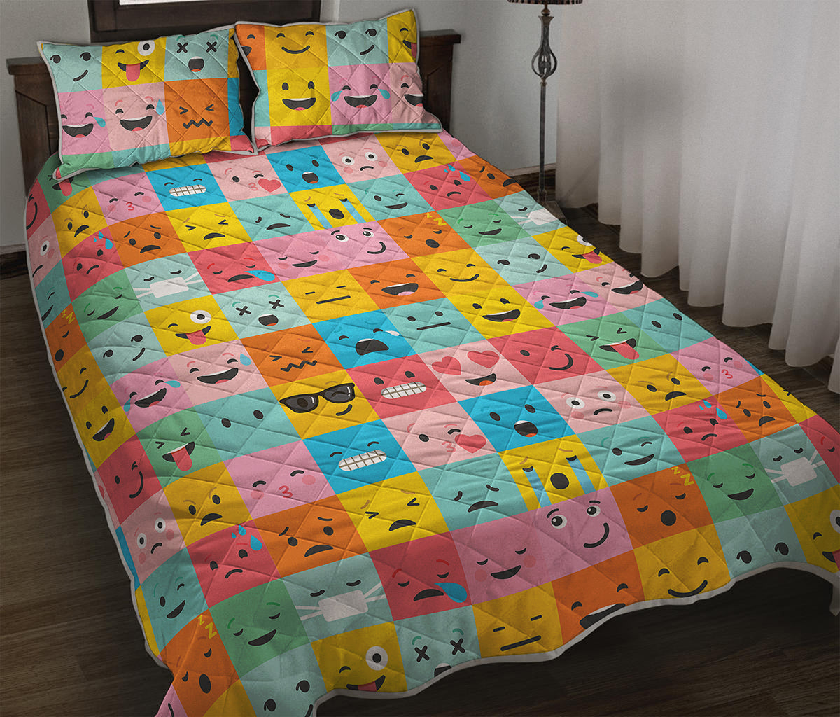 Colorful Emoji Pattern Print Quilt Bed Set