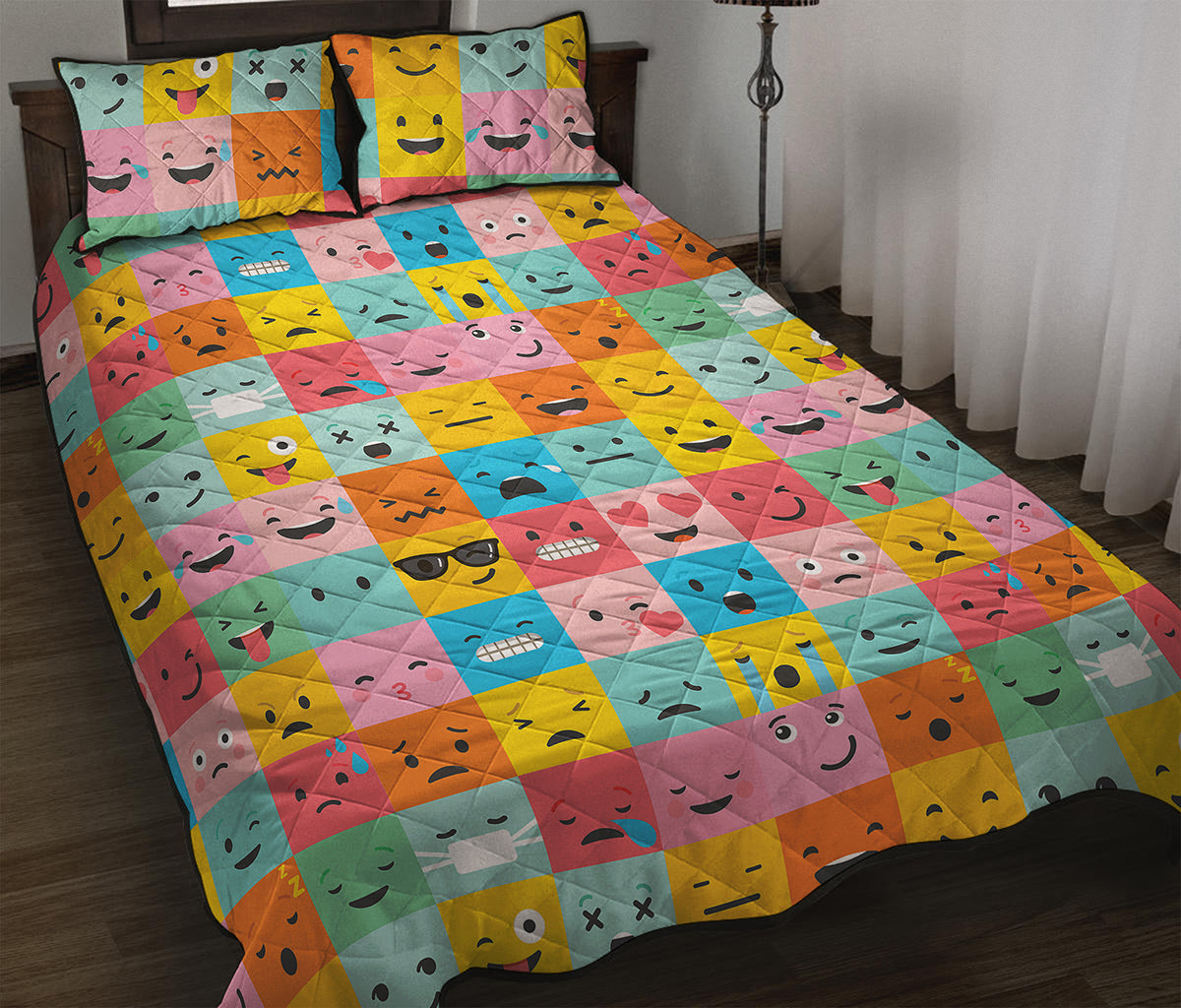 Colorful Emoji Pattern Print Quilt Bed Set
