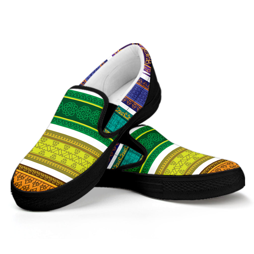 Colorful Ethnic Pattern Print Black Slip On Shoes