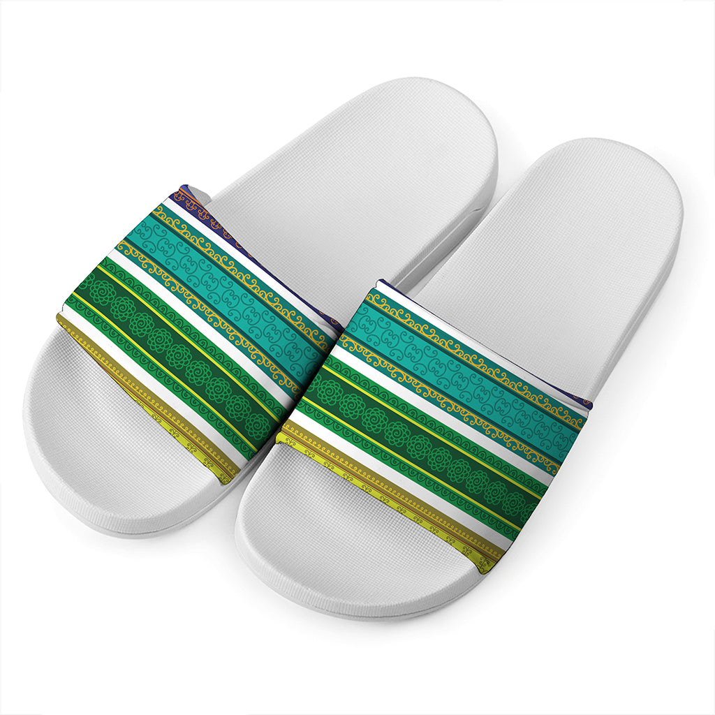 Colorful Ethnic Pattern Print White Slide Sandals