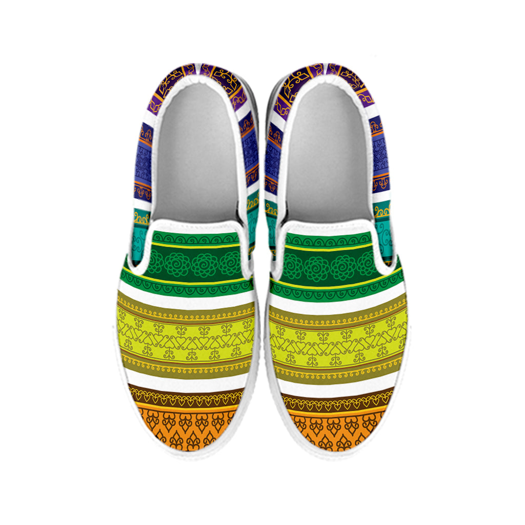 Colorful Ethnic Pattern Print White Slip On Shoes