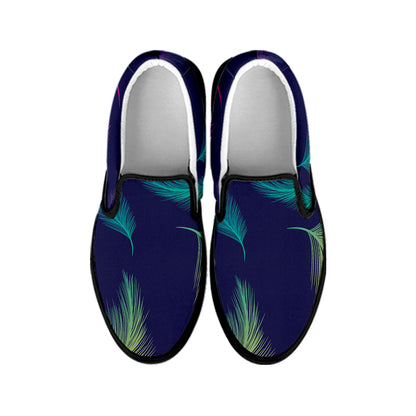 Colorful Feather Pattern Print Black Slip On Shoes