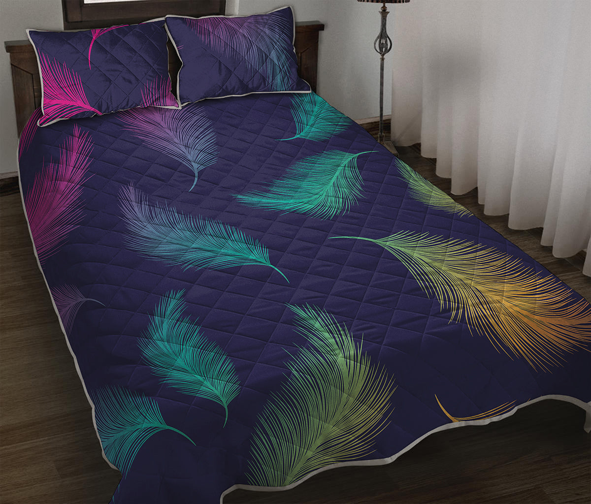 Colorful Feather Pattern Print Quilt Bed Set