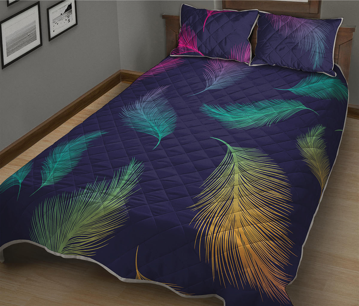 Colorful Feather Pattern Print Quilt Bed Set
