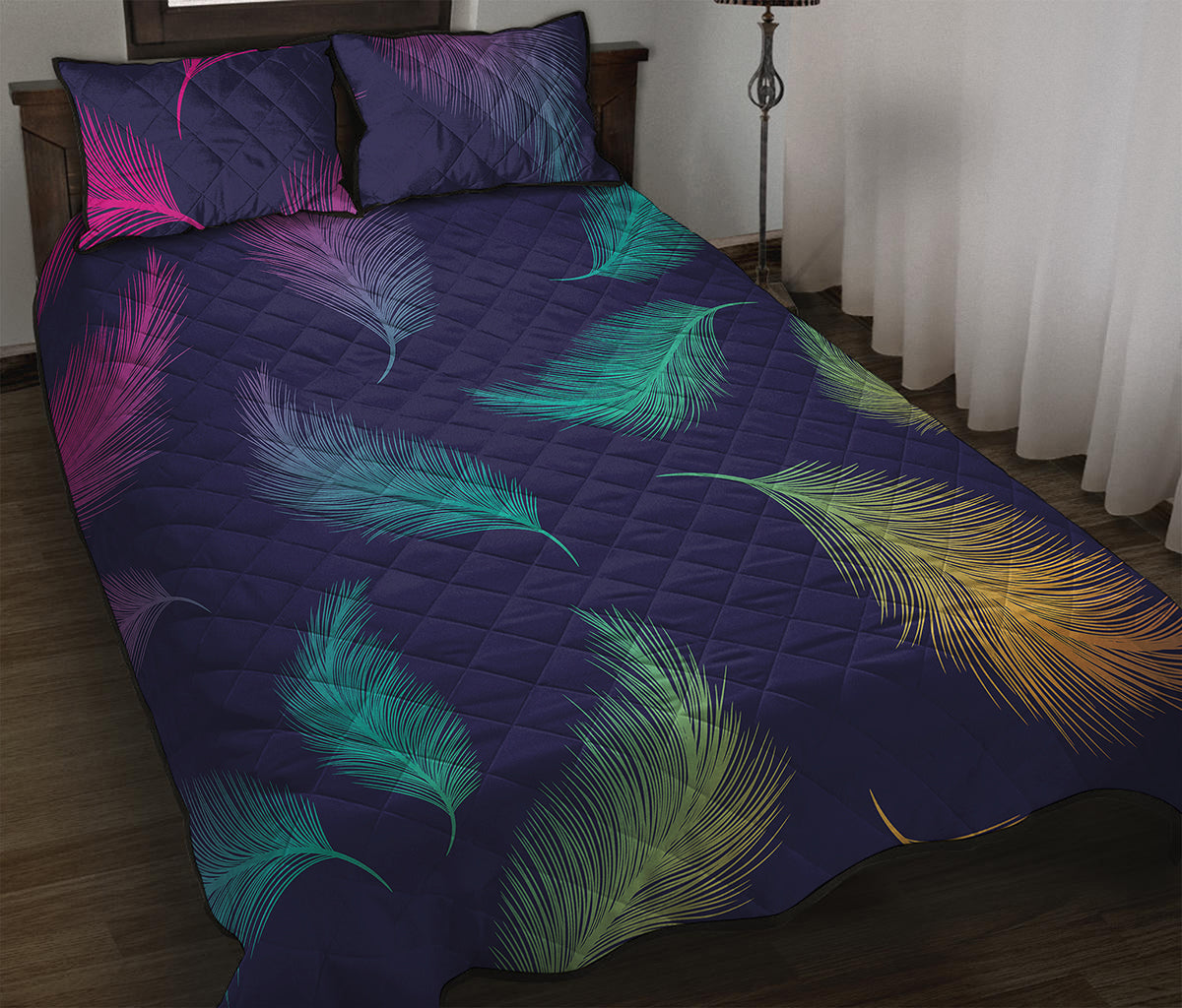 Colorful Feather Pattern Print Quilt Bed Set