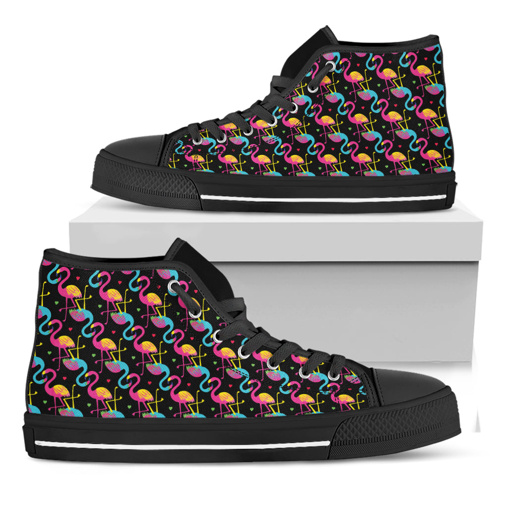 Colorful Flamingo Pattern Print Black High Top Shoes
