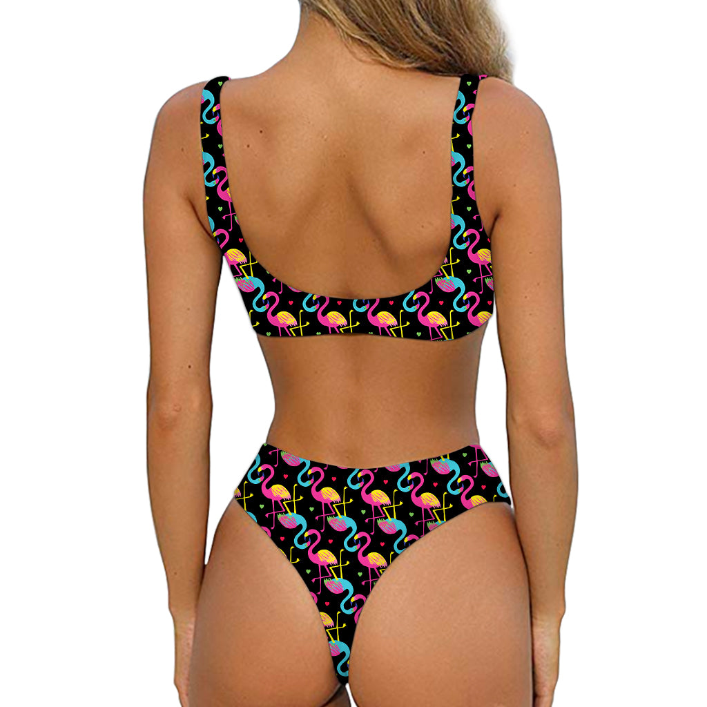 Colorful Flamingo Pattern Print Front Bow Tie Bikini