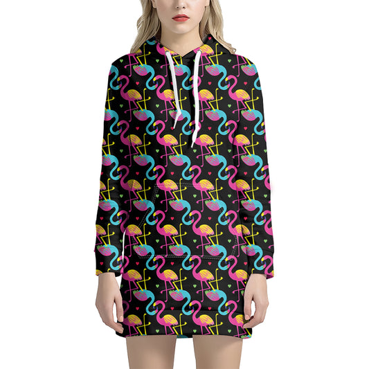 Colorful Flamingo Pattern Print Hoodie Dress