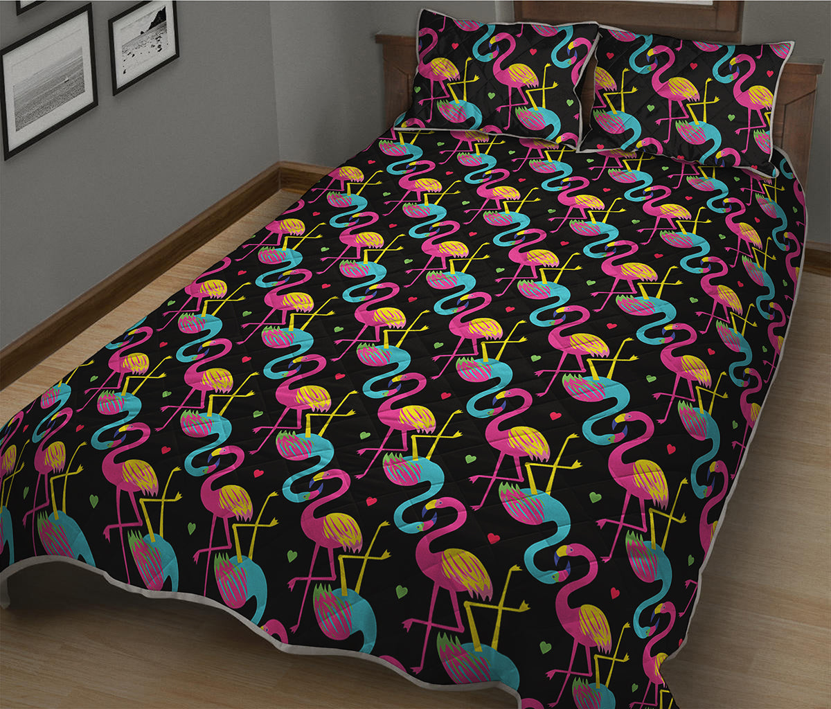 Colorful Flamingo Pattern Print Quilt Bed Set